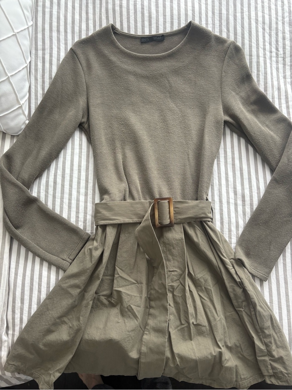 Zara Olive Green Long Sleeve Belted Skater Dress